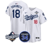 Men's Los Angeles Dodgers #18 Yoshinobu Yamamoto White 2025 World Series With No. 34 Patch Limited Stitched Jersey