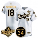 Men's Los Angeles Dodgers #18 Yoshinobu Yamamoto White Gold 2025 World Series With No.34 Patch Limited Stitched Baseball Jersey