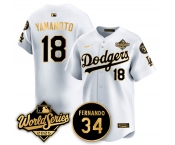 Men's Los Angeles Dodgers #18 Yoshinobu Yamamoto White Gold 2025 World Series With No.34 Patch Limited Stitched Baseball Jersey
