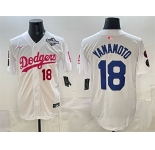Men's Los Angeles Dodgers #18 Yoshinobu Yamamoto White Pink 2025 World Series Vin & Kobe Patch Limited Stitched Baseball Jersey
