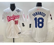 Men's Los Angeles Dodgers #18 Yoshinobu Yamamoto White Pink 2025 World Series Vin & Kobe Patch Limited Stitched Baseball Jersey