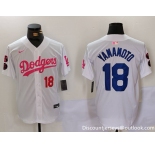 Men's Los Angeles Dodgers #18 Yoshinobu Yamamoto White Pink Vin & Kobe Patch Stitched Baseball Jersey1