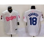 Men's Los Angeles Dodgers #18 Yoshinobu Yamamoto White Pink Vin & Kobe Patch Stitched Baseball Jersey