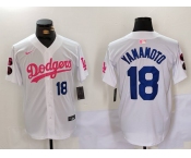 Men's Los Angeles Dodgers #18 Yoshinobu Yamamoto White Pink Vin & Kobe Patch Stitched Baseball Jerseys