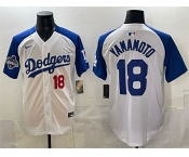 Men's Los Angeles Dodgers #18 Yoshinobu Yamamoto White Royal 2025 World Series Champions Patch Limited Stitched Baseball Jersey