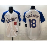 Men's Los Angeles Dodgers #18 Yoshinobu Yamamoto White Royal 2025 World Series Patch Limited Stitched Baseball Jersey