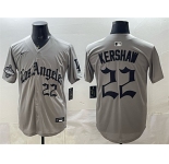 Men's Los Angeles Dodgers #22 Clayton Kershaw Grey LA Gothic Style With 2025 World Series Champions Patch Limited Stitched Baseball Jersey