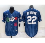 Mens Los Angeles Dodgers #22 Clayton Kershaw Number Navy Blue Pinstripe 2020 World Series Cool Base Nike Jersey