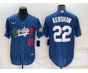 Men's Los Angeles Dodgers #22 Clayton Kershaw Number Navy Blue Pinstripe 2020 World Series Cool Base Nike Jersey