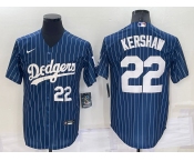 Men's Los Angeles Dodgers #22 Clayton Kershaw Number Navy Blue Pinstripe Stitched MLB Cool Base Nike Jersey