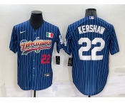 Men's Los Angeles Dodgers #22 Clayton Kershaw Number Rainbow Blue Red Pinstripe Mexico Cool Base Nike Jersey