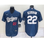 Men's Los Angeles Dodgers #22 Clayton Kershaw Number Red Navy Blue Pinstripe Stitched MLB Cool Base Nike Jersey