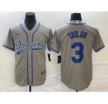 Men's Los Angeles Dodgers #3 Chris Taylor Number Grey With Patch Cool Base Stitched Baseball Jersey