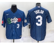 Men's Los Angeles Dodgers #3 Chris Taylor Number Navy Blue Pinstripe 2020 World Series Cool Base Nike Jersey
