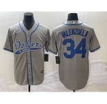 Men's Los Angeles Dodgers #34 Fernando Valenzuela Grey With Patch Cool Base Stitched Baseball Jersey1