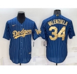 Men's Los Angeles Dodgers #34 Fernando Valenzuela Navy Blue Gold Pinstripe Stitched MLB Cool Base Nike Jersey