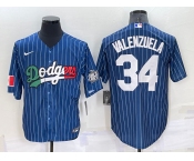 Men's Los Angeles Dodgers #34 Fernando Valenzuela Navy Blue Pinstripe 2020 World Series Cool Base Nike Jersey