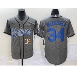 Men's Los Angeles Dodgers #34 Fernando Valenzuela Number Grey Gridiron Cool Base Stitched Baseball Jersey