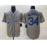 Men's Los Angeles Dodgers #34 Fernando Valenzuela Number Grey With Patch Cool Base Stitched Baseball Jersey