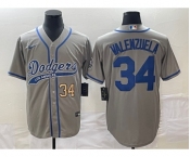 Men's Los Angeles Dodgers #34 Fernando Valenzuela Number Grey With Patch Cool Base Stitched Baseball Jersey