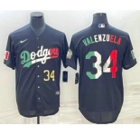 Mens Los Angeles Dodgers #34 Fernando Valenzuela Number Mexico Black Cool Base Stitched Baseball Jersey