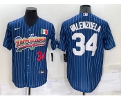 Men's Los Angeles Dodgers #34 Fernando Valenzuela Number Navy Blue Pinstripe 2020 World Series Cool Base Nike Jersey