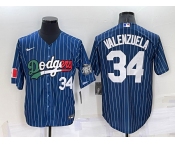 Men's Los Angeles Dodgers #34 Fernando Valenzuela Number Navy Blue Pinstripe Mexico 2020 World Series Cool Base Nike Jersey