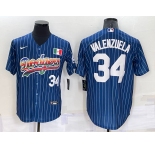 Men's Los Angeles Dodgers #34 Fernando Valenzuela Number Rainbow Blue Red Pinstripe Mexico Cool Base Nike Jersey