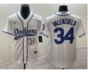 Men's Los Angeles Dodgers #34 Fernando Valenzuela Number White With Patch Cool Base Stitched Baseball Jersey