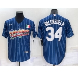 Men's Los Angeles Dodgers #34 Fernando Valenzuela Rainbow Blue Red Pinstripe Mexico Cool Base Nike Jersey