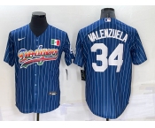 Men's Los Angeles Dodgers #34 Fernando Valenzuela Rainbow Blue Red Pinstripe Mexico Cool Base Nike Jersey