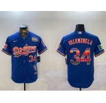 Men's Los Angeles Dodgers #34 Fernando Valenzuela Royal 2024 World Series Mexico California Patch Cool Base Stitched Baseball Jersey