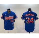 Men's Los Angeles Dodgers #34 Fernando Valenzuela Royal Mexico California Patch Cool Base Stitched Baseball Jersey