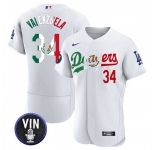 Men's Los Angeles Dodgers #34 Fernando Valenzuela White Mexico Special Vin Scully Patch Flex Base Stitched Baseball Jersey