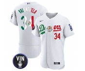 Men's Los Angeles Dodgers #34 Fernando Valenzuela White Mexico Special Vin Scully Patch Flex Base Stitched Baseball Jersey