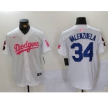 Men's Los Angeles Dodgers #34 Fernando Valenzuela White Pink Vin & Kobe Patch Stitched Baseball Jersey