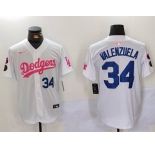 Men's Los Angeles Dodgers #34 Fernando Valenzuela White Pink Vin & Kobe Patch Stitched Baseball Jerseys