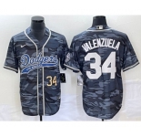 Men's Los Angeles Dodgers #34 Toro Valenzuela Number Gray Camo Cool Base With Patch Stitched Baseball Jersey