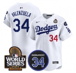 Men's Los Angeles Dodgers #34 Toro Valenzuela White 2024 World Series With Fernando Memorial Patch Limited Stitched Baseball Jersey