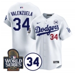 Men's Los Angeles Dodgers #34 Toro Valenzuela White 2024 World Series With No. 34 Patch Limited Stitched Baseball Jersey