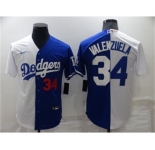 Mens Los Angeles Dodgers #34 Toro Valenzuela White Blue Split Cool Base Stitched Baseball Jersey