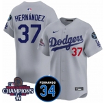 Men's Los Angeles Dodgers #37 Teoscar Hernandez Gray 2024 World Series Champions With Fernando Memorial Patch Vapor Premier Limited Stitched Baseball Jerse