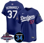 Men's Los Angeles Dodgers #37 Teoscar Hernandez Royal 2024 World Series Champions With Fernando Memorial Patch Vapor Premier Limited Stitched Baseball Jers