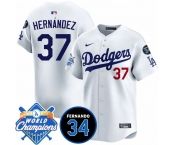Men's Los Angeles Dodgers #37 Teoscar Hernandez White 2024 World Champions & Fernando Memorial Patch Vapor Premier Home Limited Stitched Baseball Jersey