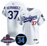 Men's Los Angeles Dodgers #37 Teoscar Hernandez White 2024 World Series Champions With Fernando Memorial Patch Vapor Premier Home Limited Stitched Baseball