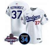Men's Los Angeles Dodgers #37 Teoscar Hernandez White 2024 World Series Champions With Fernando Memorial Patch Vapor Premier Home Limited Stitched Baseball
