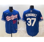 Men's Los Angeles Dodgers #37 Teoscar Hernández Royal With American Flag Patch Limited Stitched Baseball Jersey