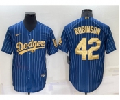 Men's Los Angeles Dodgers #42 Jackie Robinson Navy Blue Gold Pinstripe Stitched MLB Cool Base Nike Jersey