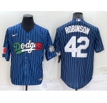 Men's Los Angeles Dodgers #42 Jackie Robinson Navy Blue Pinstripe 2020 World Series Cool Base Nike Jersey