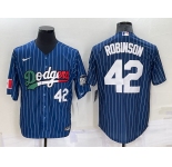 Men's Los Angeles Dodgers #42 Jackie Robinson Number Navy Blue Pinstripe 2020 World Series Cool Base Nike Jersey